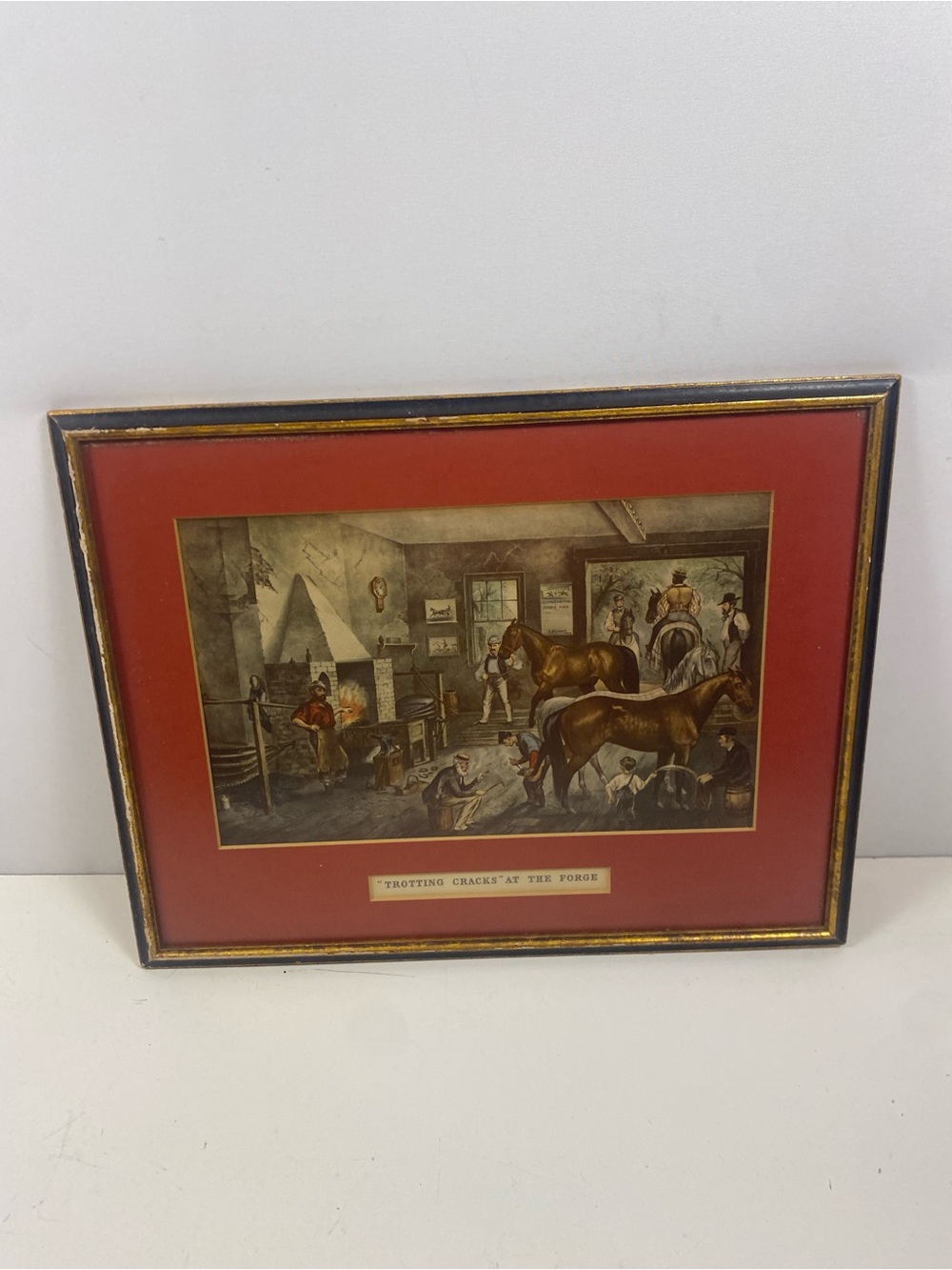 Antique “Trotting Cracks At The Forge” Lithograph Framed Matted 14”x18”